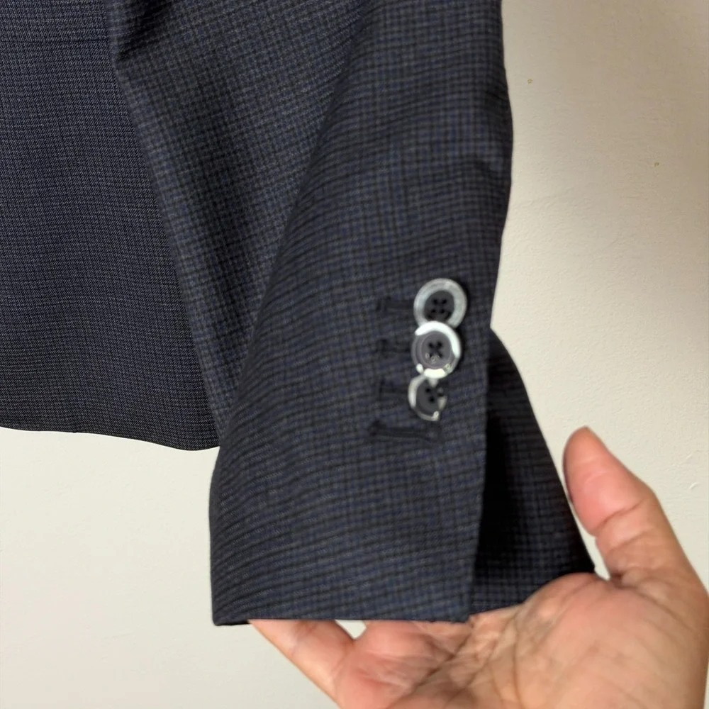 Massimo Dutti Wool Blazer Size 46 Navy Blue Glen Check Italian Sport Coat Jacket